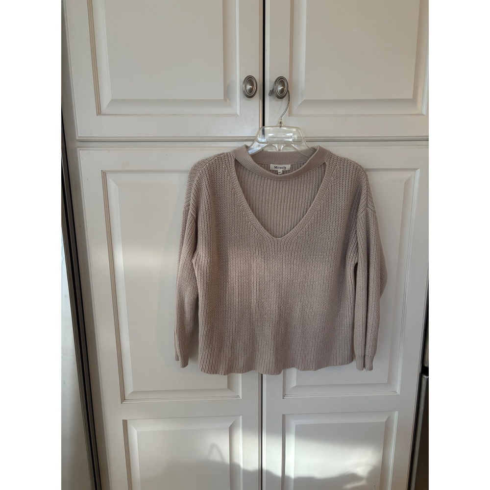 Miracle USA Tan Beige Choker V-Neck Ribbed Knit‎ Sweater Womens ML